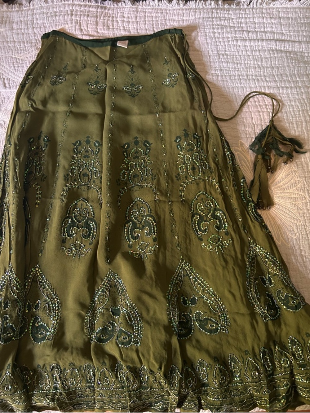 SoftSurroundings Vintage long Olive Green Boho Maxi Skirt